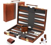 YUJUVI Backgammon Set Bois Valise 38cm Complet Accessoires Étui Cuir (Brun)