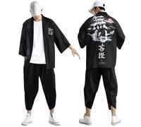 Yukata Kimono Robe et pantalon 3/4 pour homme Tenue traditionnelle japonaise Costume Samouraï Cosplay Costume Ninja Veste Haori Vêtements d'été Cardigan Pantalon, Type 4, M