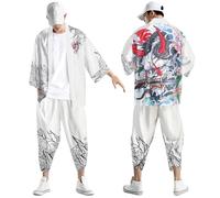 Yukata Kimono Robe et pantalon 3/4 pour homme Tenue traditionnelle japonaise Costume Samouraï Cosplay Costume Ninja Veste Haori Vêtements d'été Cardigan Pantalon, Type 1, M