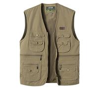 Yukirtiq Gilet de Pêche Homme Sans Manches Zippé Gilet de Photographe Veste Chasse Journaliste Gilet de Voyage Sport, Kaki, 4XL