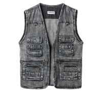 Yukirtiq Gilet en Jean pour Homme Cowboy Gilet Moto Multipoches Veste en Jean Sans Manche Denim Gilet Biker, Charbon, M