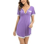 Yukiuiny Chemises de Nuit Femme Coton Dentelle Nuisette Robe de Nuit Courte T Shirt de Nuit Pyjama Casual Col V Sexy Maternité Allaitement Top Confortable Violet*Manche Courte M