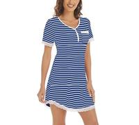 Yukiuiny Chemises de Nuit Femme Coton Dentelle Nuisette Robe de Nuit Courte T Shirt de Nuit Pyjama Casual Col V Sexy Maternité Allaitement Top Confortable Bleu Rayé*Manche Courte M