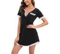 Yukiuiny Chemises de Nuit Femme Coton Dentelle Nuisette Robe de Nuit Courte T Shirt de Nuit Pyjama Casual Col V Sexy Maternité Allaitement Top Confortable Noir*Manche Courte M
