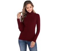 Yukiuiny Pull Femme Col Roulé Tricot Hiver Chaud Thermal Ajusté Moderne Serré Col Montant sous-Pull Basique Pullover Laine Top Haut Manches Longues Vintage Chic Confortable Bordeaux B M