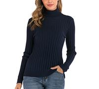 Yukiuiny Pull Femme Col Roulé Tricot Hiver Chaud Thermal Ajusté Moderne Serré Col Montant sous-Pull Basique Pullover Laine Top Haut Manches Longues Vintage Chic Confortable Bleu Marine A M