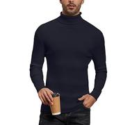 Yukiuiny Pull Homme Col Roulé Tricot Ajusté Moderne Serré Col Montant Manches Longues Hiver Thermal sous-Pull Basique Pullover Laine Top Haut Confortable Bleu Marine XXXL
