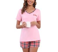 Yukiuiny Pyjama Femme Été Coton Ensemble Vêtement d'Intérieur Tee Shirt Vêtement de Nuit Carreaux Plaid Manches Courtes Col V Pantalons de Pyjama Printemps Douce Confortable A-Rose+Carreaux XXL