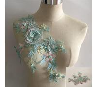Yulakes Application en dentelle 3D bleue, encolure brodée en dentelle, fleurs et strass, applique en dentelle, patch pour bricolage, décolleté de robe de mariée