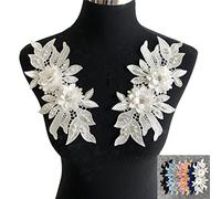 Yulakes Application en dentelle 3D brodée avec perles - Décolleté en dentelle - Fleurs et strass - Bordure en tulle - Applique en dentelle florale - Pour bricolage, décolleté, robe de mariée (blanc)