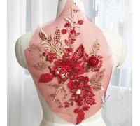 Yulakes Col en dentelle à perles - Applique florale - Tissu perlé - Applique en dentelle - Broderie DIY - Tulle - Col en dentelle - Décoration de vêtements (rouge)