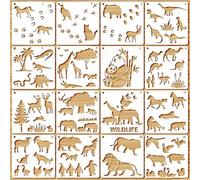 Yulakes Lot de 16 pochoirs d'animaux du zoo, girafe, panda, lion - Réutilisables - Pour la décoration, la peinture sur bois, rochers et murs - 15 x 15 cm