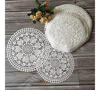Yulakes Lot de 3 sets de table ronds en dentelle blanche brodés faits à la main - En coton - Motif fleurs - 20 cm/25 cm/30 cm