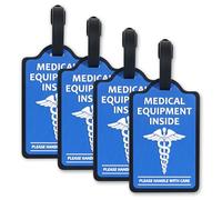 YULEAXIE Lot de 4 étiquettes d'alerte médicale bleues pour bagages - Étiquettes d'identification médicale en PVC durable pour voyage, hôpital et transport, 10,8 x 6,6 cm avec carte d'informations