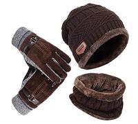 YULOONG bonnet chapeau écharpe gants ensemble hiver tricoté chapeau cou plus chaud écran tactile gants de conduite unisexe Marron