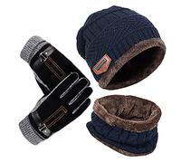 YULOONG bonnet chapeau écharpe gants ensemble hiver tricoté chapeau cou plus chaud écran tactile gants de conduite unisexe Bleu