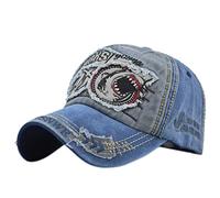 YULOONG Casquette de Baseball pour Hommes Vintage Broderie Requins Washed Denim Casquette de Camion pour Femmes 100% Coton Bonnet de Soleil Taille Réglable D