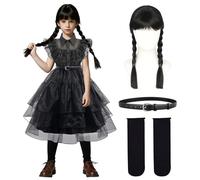 yumcute Deguisement Gothique Enfant, Robe noire Halloween pour fille, Outfit en Tulle Noir Robe Costume Halloween Fille pour mercredi Avec Perruques Ceintures Chaussettes Cosplay Carnaval Party