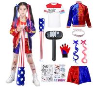 yumcute Déguisement Quin-n Costume Fille, Déguisement Clown Cosplay Costume avec T-Shirt Tenue Veste Short Gants, Déguisements Cosplay Pour Carnaval Halloween Cadeau