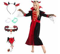 yumcute Deguisement Vampire pour Fille, Halloween Costume de Vampire, Costume de Gothique Médiéval de Vampire avec Collier Bracelets Dent Vampire Costume d'Halloween pour Cosplay