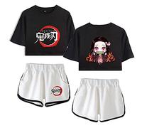 Yumenam Femme Anime 2PCS Survêtement Kamado Nezuko Imprimé Crop Tops + Shorts Ensemble Casual Manches Courtes Tee Shirt + Pantalon Court été Pyjamas Sets Costume de Cosplay