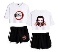 Yumenam Femme Anime 2PCS Survêtement Kamado Nezuko Imprimé Crop Tops + Shorts Ensemble Casual Manches Courtes Tee Shirt + Pantalon Court été Pyjamas Sets Costume de Cosplay