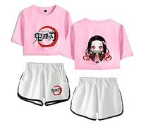 Yumenam Femme Anime 2PCS Survêtement Kamado Nezuko Imprimé Crop Tops + Shorts Ensemble Casual Manches Courtes Tee Shirt + Pantalon Court été Pyjamas Sets Costume de Cosplay
