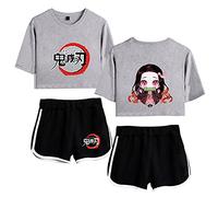 Yumenam Femme Anime 2PCS Survêtement Kamado Nezuko Imprimé Crop Tops + Shorts Ensemble Casual Manches Courtes Tee Shirt + Pantalon Court été Pyjamas Sets Costume de Cosplay