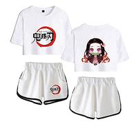 Yumenam Femme Anime 2PCS Survêtement Kamado Nezuko Imprimé Crop Tops + Shorts Ensemble Casual Manches Courtes Tee Shirt + Pantalon Court été Pyjamas Sets Costume de Cosplay