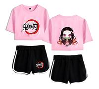 Yumenam Femme Anime 2PCS Survêtement Kamado Nezuko Imprimé Crop Tops + Shorts Ensemble Casual Manches Courtes Tee Shirt + Pantalon Court été Pyjamas Sets Costume de Cosplay