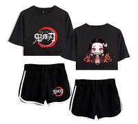 Yumenam Femme Anime 2PCS Survêtement Kamado Nezuko Imprimé Crop Tops + Shorts Ensemble Casual Manches Courtes Tee Shirt + Pantalon Court été Pyjamas Sets Costume de Cosplay