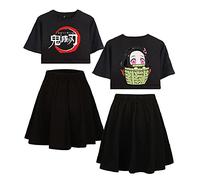 Yumenam Fille Demon Slayer Survêtement Kamado Nezuko Imprimé Crop Tops + Jupe Ensemble de 2 PCS Casual Manches Courtes T-Shirt et Jupe été Pyjamas Sets Costume de Cosplay Sportswear