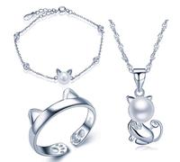 Yumi Lok Parure de bijoux chat en argent 925 avec oxydes de zirconium et perles de 8 mm avec bracelet, bague, chaine et pendentif pour femmes, filles