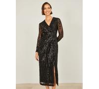 Yumi Yumi Black Sequin Midi Wrap Dress With Split Hemline And Long Sleeves Black 8