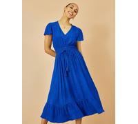 Yumi Yumi Blue Button Detail Midi Dress With Ruched Waist And Metallic Thread Blue EU 38 (UK 10)