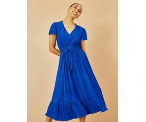 Yumi Yumi Blue Button Detail Midi Dress With Ruched Waist And Metallic Thread Blue EU 38 (UK 10)