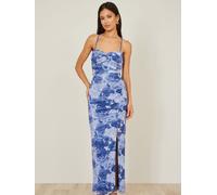 Yumi Yumi Blue Mesh Ruched Midi Dress With Split Blue 44