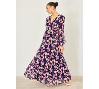 Yumi Yumi Blue Orchid Floral Pleated Wrap Maxi Dress Blue 44