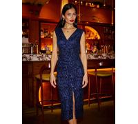 Yumi Yumi Blue Sequin Fitted Wrap With Split Hem Dress Blue EU 42 (UK 14)