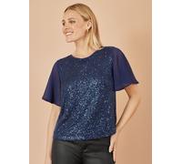 Yumi Yumi Blue Sequin Top With Sheer Sleeves And Cut Out Back