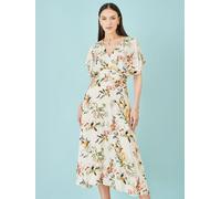 Yumi Yumi Cream Viscose Floral Print Midi Dress With Ruched Waist Cream EU 42 (UK 14)