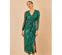 Yumi Yumi Green Sequin Midi Wrap Dress With Split Hemline And Long Sleeves Green EU 40 (UK 12)