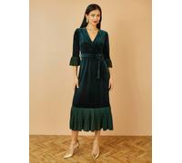 Yumi Yumi Green Velvet Wrap Midi Dress With Contrast Hemline Green EU 44 (UK 16)