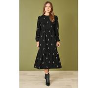 Yumi Yumi Manches longues 100% Cotton Mi-long Robe With Fleuri Imprimé Embroidery Noir EU 42 (UK 14)