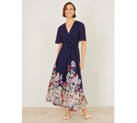 Yumi Yumi Mesh Wrap Midi Dress With Floral Hem Border Bleu EU 44 (UK 16)