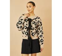 Yumi Yumi Natural Animal Print Intarsia Tie Front Cardigan