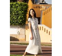 Yumi Yumi Natural Viscose Look Midi Shirt Dress With Wooden Belt Natural EU 44 (UK 16)