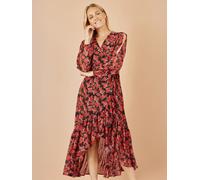 Yumi Yumi Red Rose Print Dipped Hemline Midi Dress With Open Long Sleeves Red 14