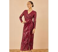 Yumi Yumi Red Sequin Midi Wrap Dress With Split Hemline And Long Sleeves Red EU 36 (UK 8)