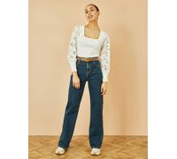 Yumi Yumi White Ribbed Knitted Top With Lace Sleeves